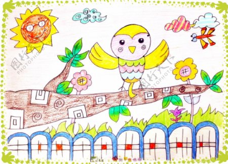 儿童画快乐的小鸟