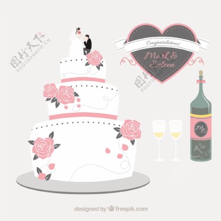 婚礼蛋糕和香槟酒