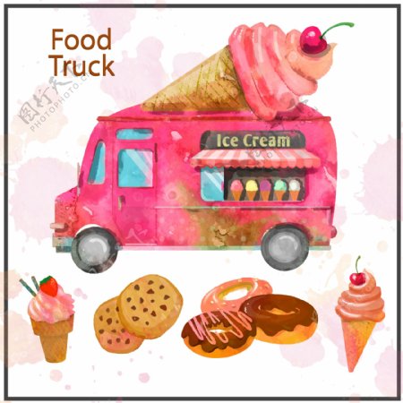 水彩绘冰淇淋车和4款甜品矢量素