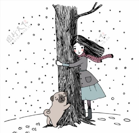 手绘抱着大树的小女孩