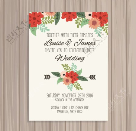 红色花卉婚礼卡片