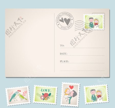 婚礼邀请明信片与邮票
