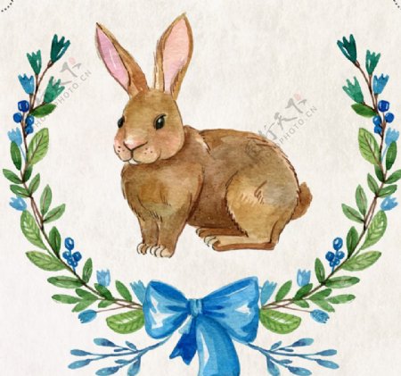 水彩绘可爱棕色兔子矢量素材