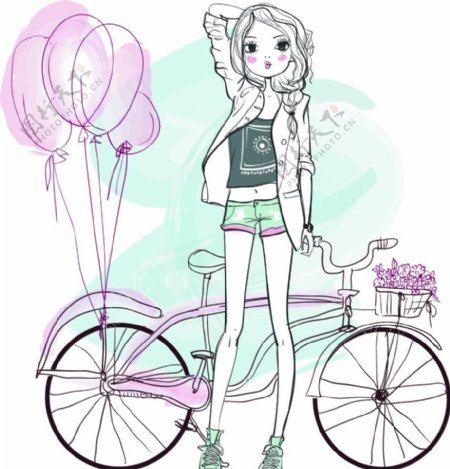 自行车与卡通女孩漫画