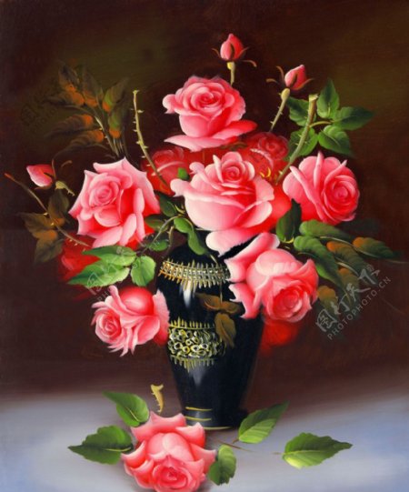 粉红色月季花瓶油画装饰画