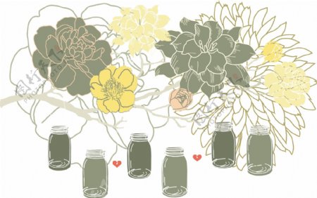 花朵与瓶瓶罐罐温馨插画