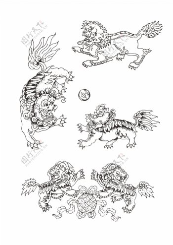 矢量中国传统纹样瑞兽线条