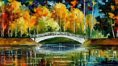 小桥湖景油画