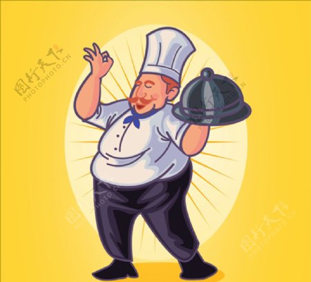手绘黄色背景胖厨师
