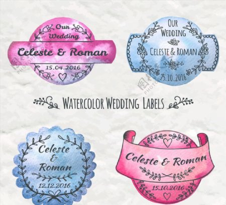 4款水彩绘婚礼标签矢量素材
