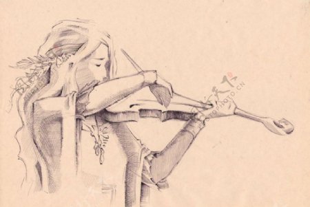 小提琴美女手绘插画