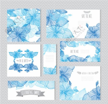 蓝色手绘花卉婚礼卡片