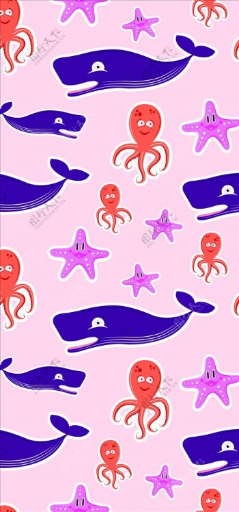 卡通鲸鱼章鱼海星四方连续底纹