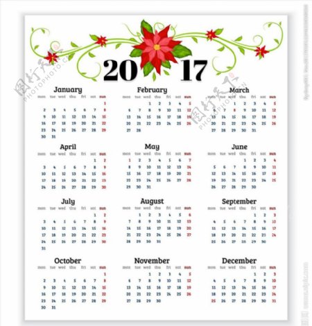 红色植物花朵2017年日历表图