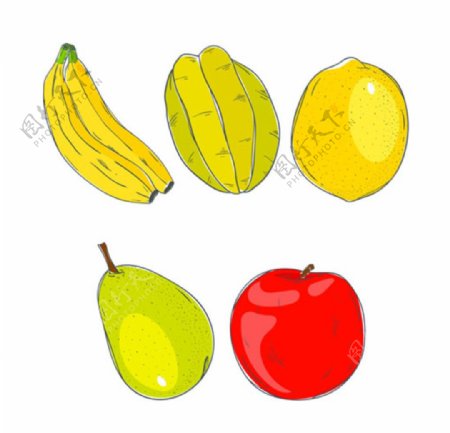 手绘五种美味的水果
