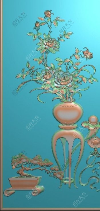 牡丹花花瓶博古门板精雕图