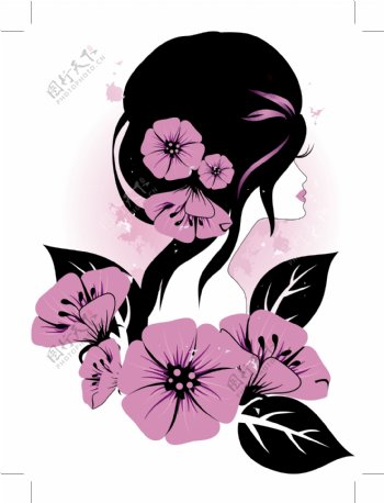 矢量紫色花朵黑白美女人物