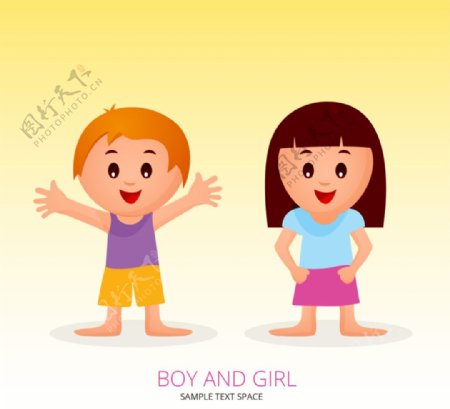 卡通微笑男孩和女孩
