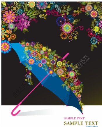 彩色手绘花朵与伞