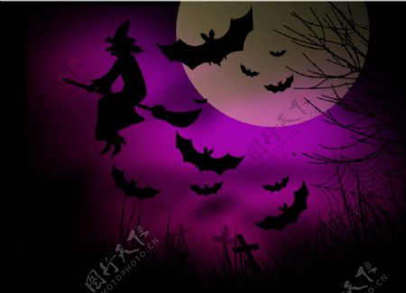 紫色月夜巫婆背景矢量素材