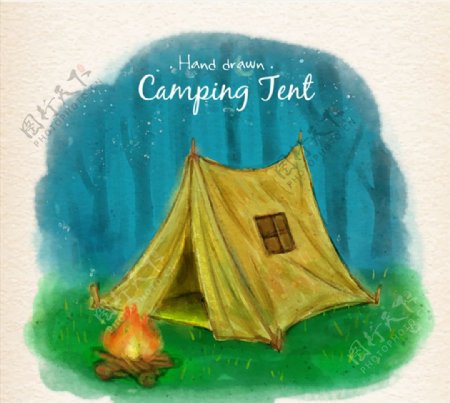 水彩绘野营帐篷插画矢量素材