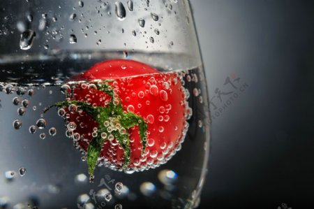 酒杯中带泡泡的番茄