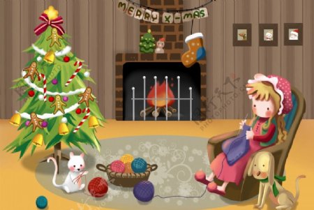 卡通室内场景圣诞树素材背景