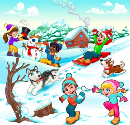 卡通儿童节在雪地玩耍的孩子