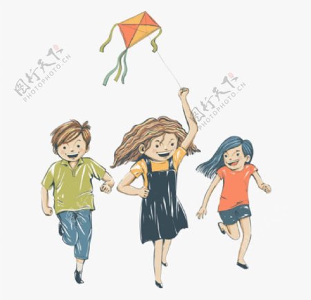 彩绘儿童节放风筝的孩子