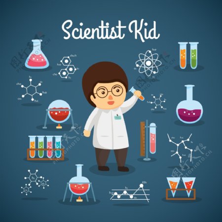 卡通儿童节做化学实验的孩子