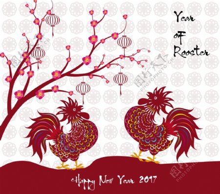 两只公鸡中国传统春节剪纸矢量素材