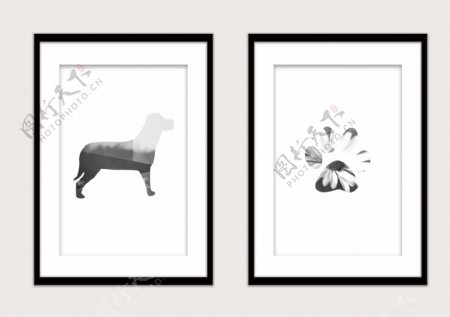 黑白几何狗和脚印风景现代装饰画