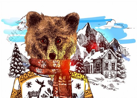 手绘棕熊雪山冬季动物拟人装饰画矢量