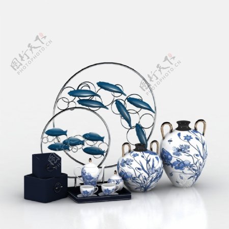 青花陶罐鱼群摆件青花陶瓷茶具组合