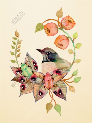 花环上的小鸟插画
