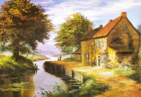 油画乡村河流与房屋图片