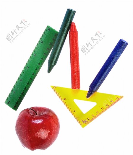 彩色蜡笔与红苹果图片