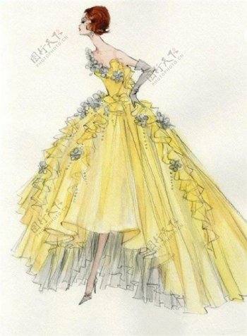 黄色花朵礼服设计图