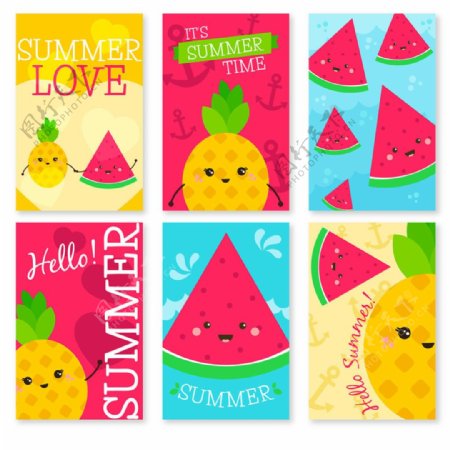 可爱的水果人物表情的夏季卡片