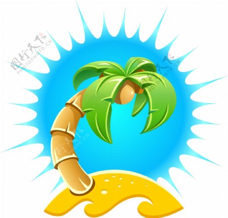 夏日沙滩上的椰树矢量插画