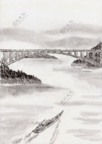 桥梁河流风景国画图片