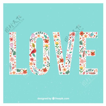 彩色花鸟装饰爱LOVE的艺术字矢量素材