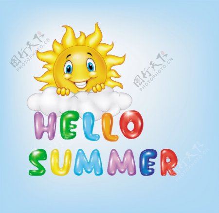 你好夏季艺术字和太阳矢量