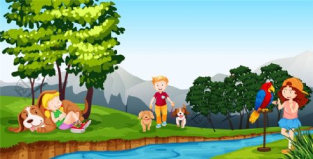 草公小河和动物玩的儿童图片