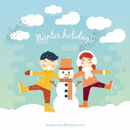 快乐的冬季假期背景与快乐的孩子