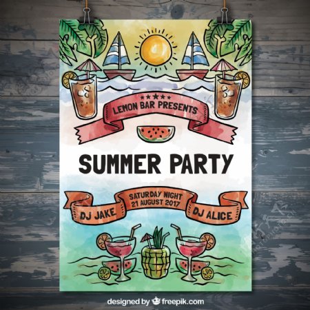 彩绘夏季海边派对海报矢量素材