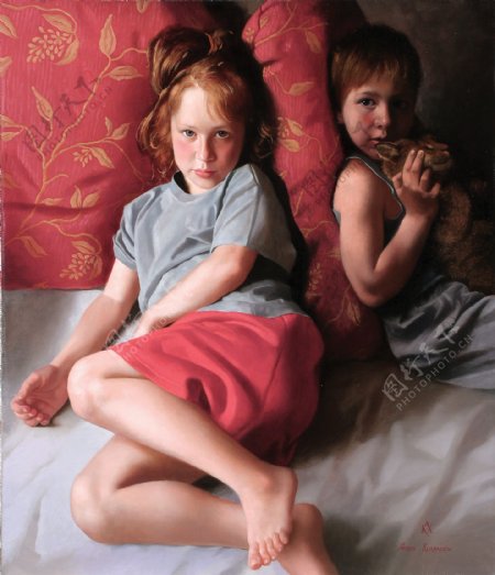 坐在床上的儿童油画图片