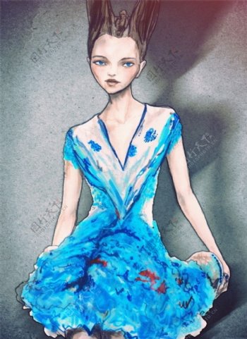 蓝色连衣裙设计彩绘图