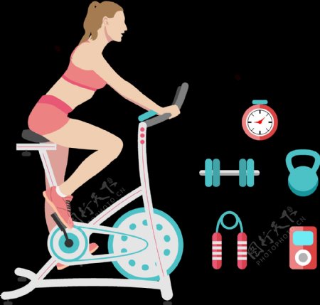 女子健身自行车插画免抠png透明图层素材