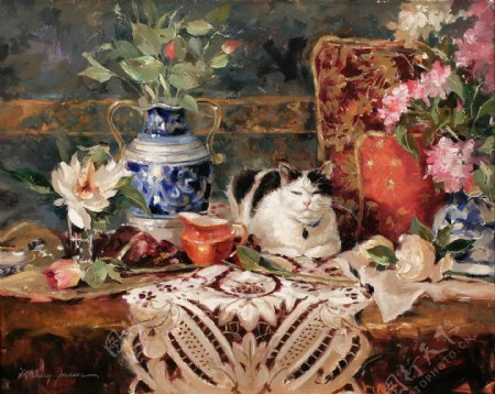 猫咪与花瓶鲜花静物油画图片